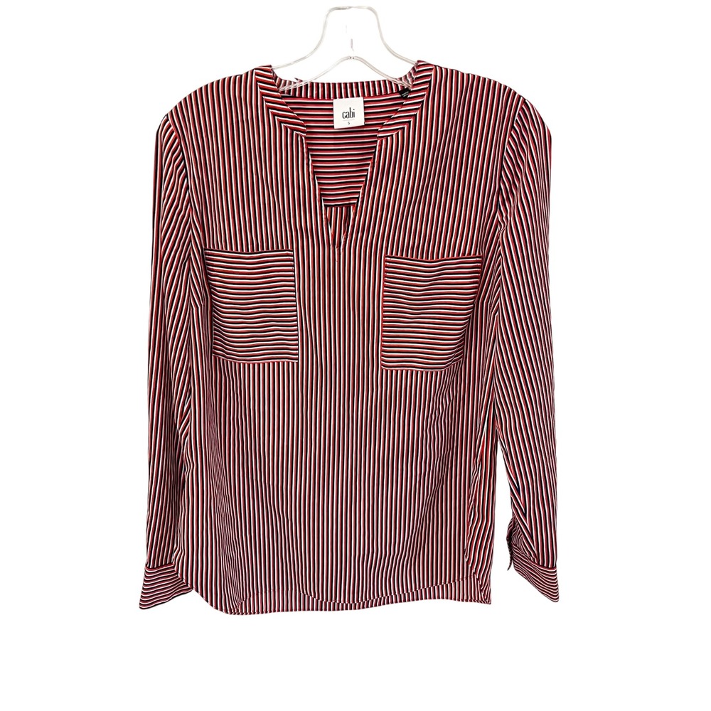 Cabi Franklin Blouse Red White Navy Blue Striped V-Neck Pocket Top 5335 Small